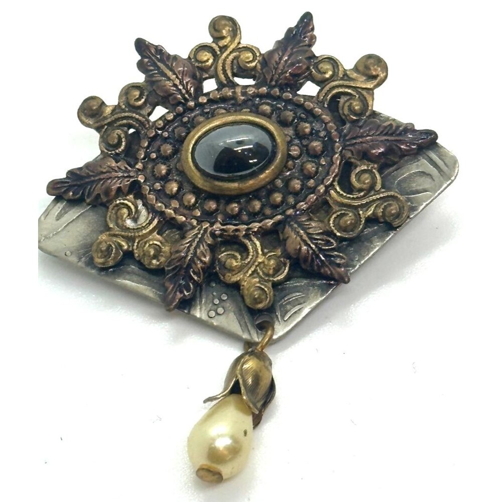 Vintage Victorian Revival Hematite Glass & Faux Pearl Dangle Brooch